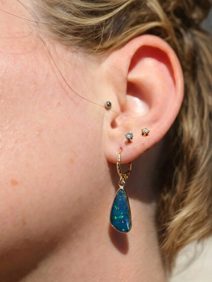 Deep Blue Opal Drop Earrings | 22k Gold Bezels on 14k Gold Leverbacks