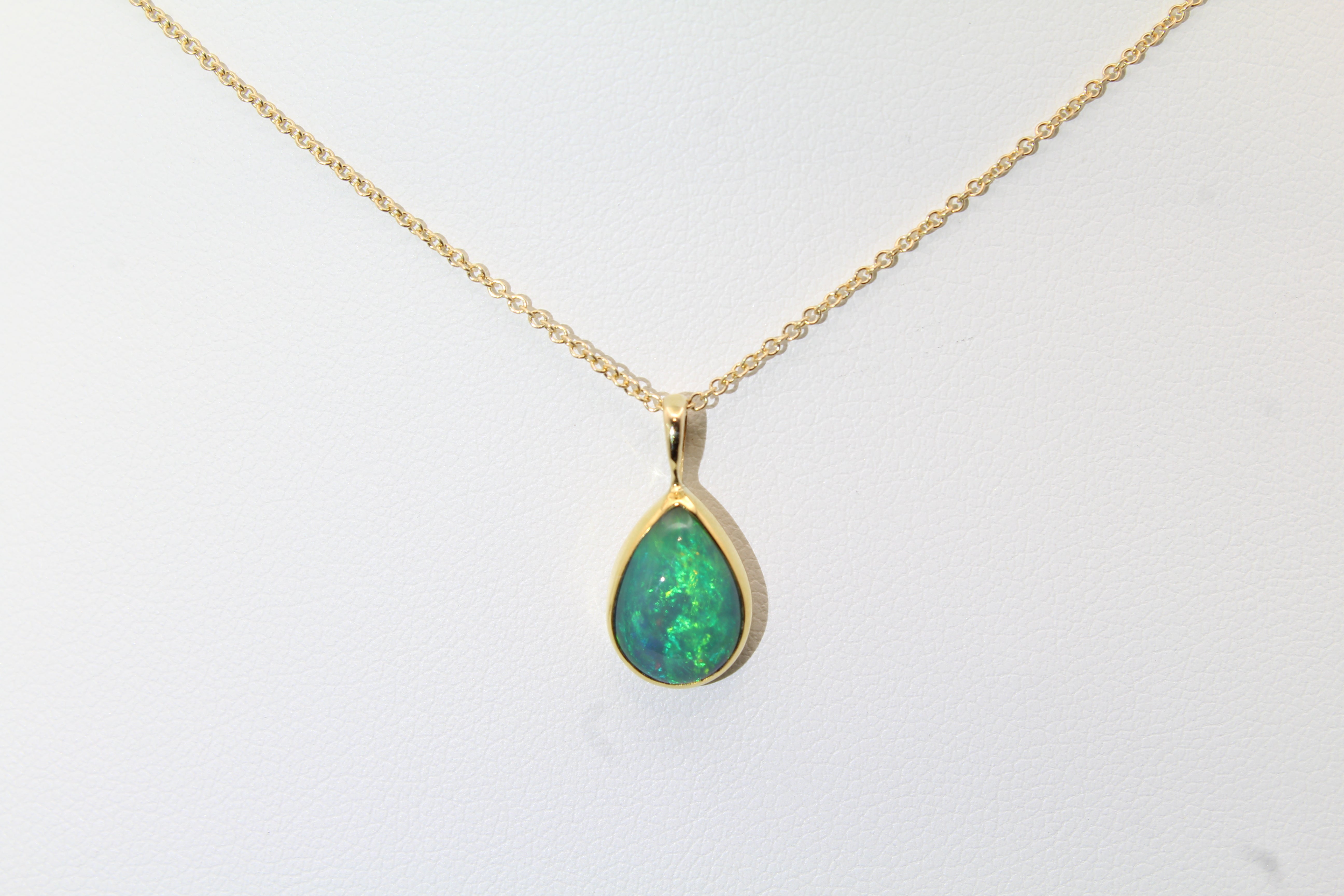 22K Bezel Opal Necklace | Intense Green Fire | 14K Gold Chain