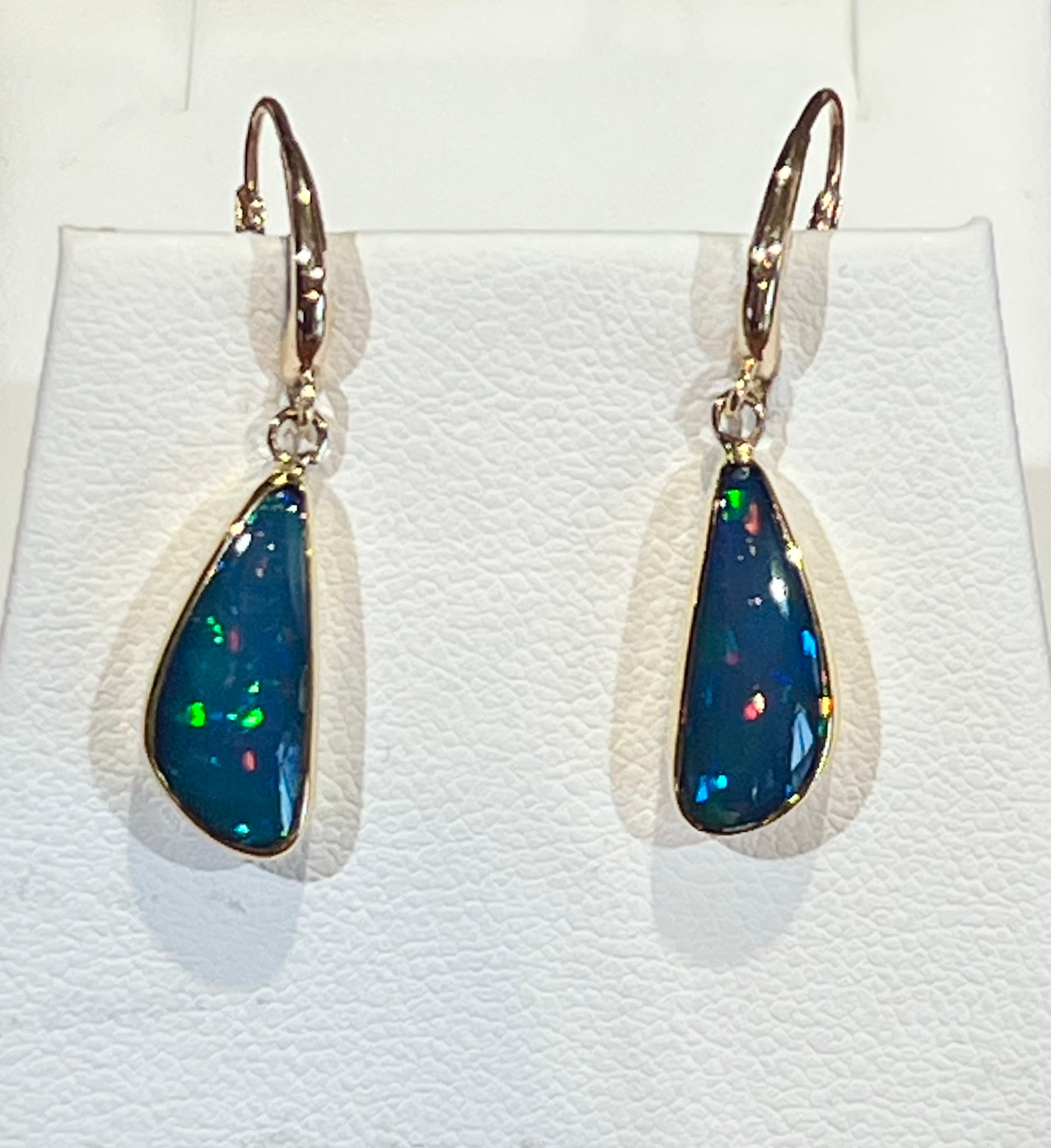 Deep Blue Opal Drop Earrings | 22k Gold Bezels on 14k Gold Leverbacks