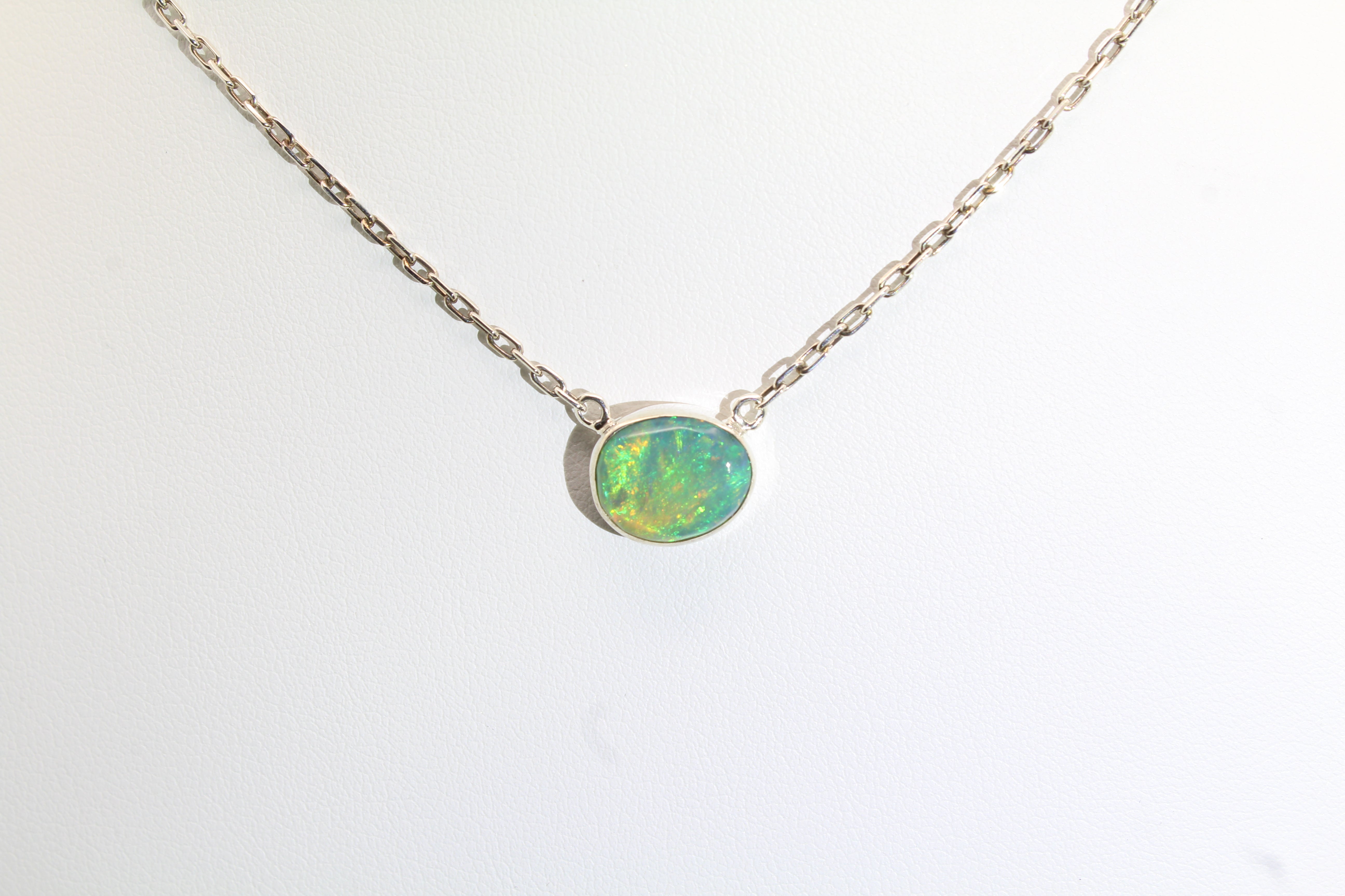 Minimalist Floating Opal Necklace | Sterling Silver & Green Fire Opal