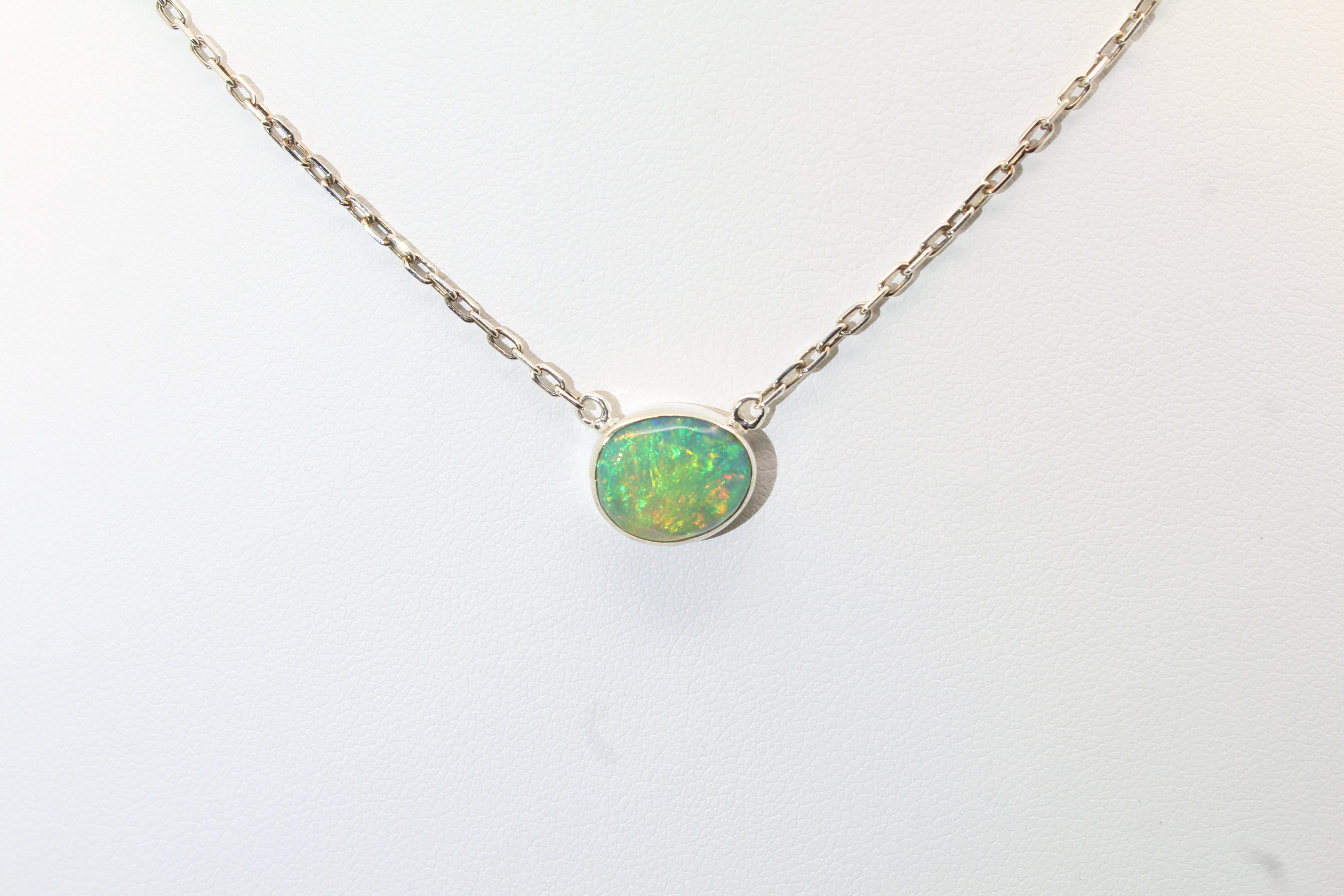 Minimalist Floating Opal Necklace | Sterling Silver & Green Fire Opal