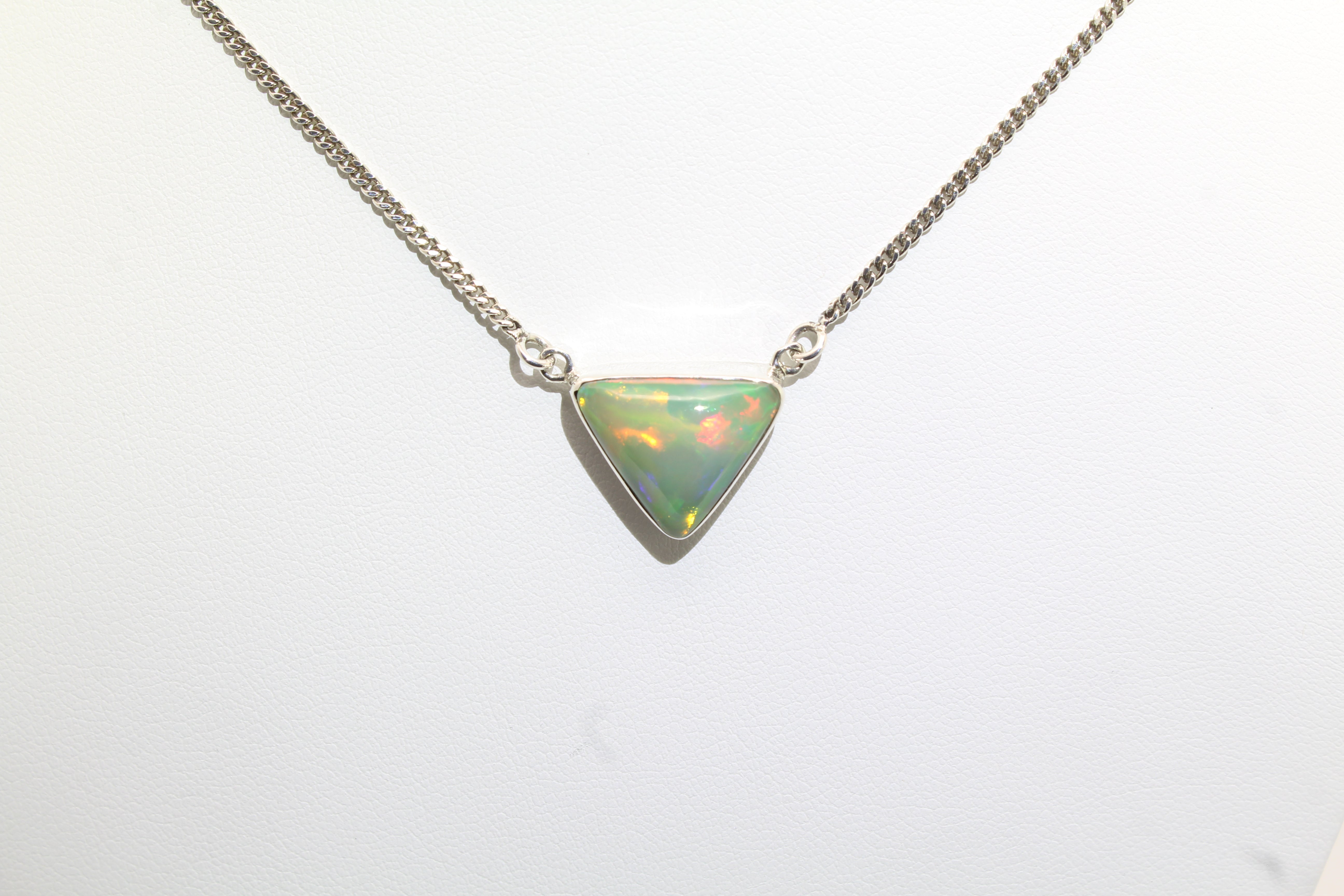 Green Fire Trillion Opal Necklace | Handmade Sterling Silver Jewelry
