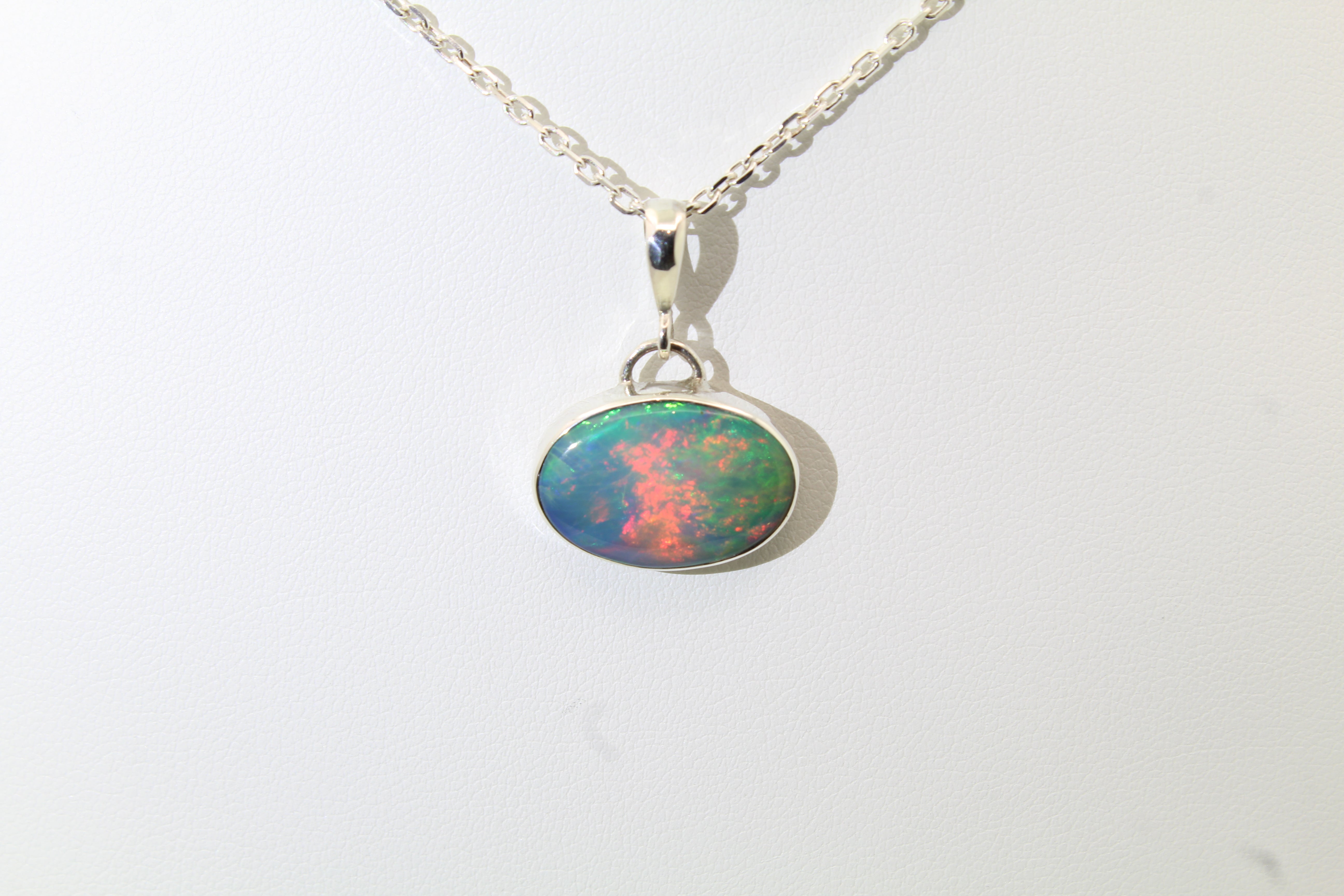Red Fire Ethiopian Opal Pendant | Round Sterling Silver Necklace