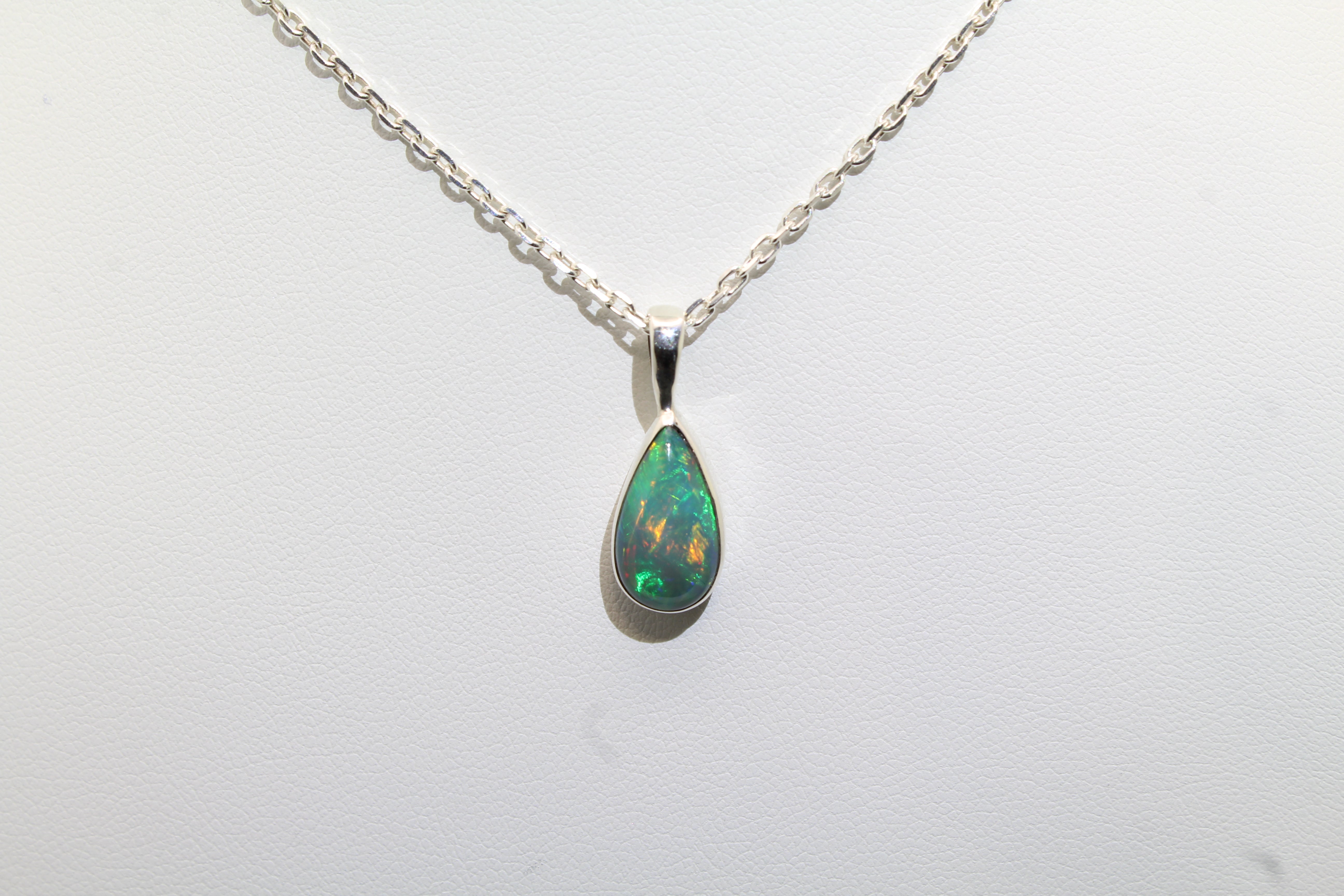 Elegant Teardrop Opal Pendant | Sterling Silver & Deep Green Flash