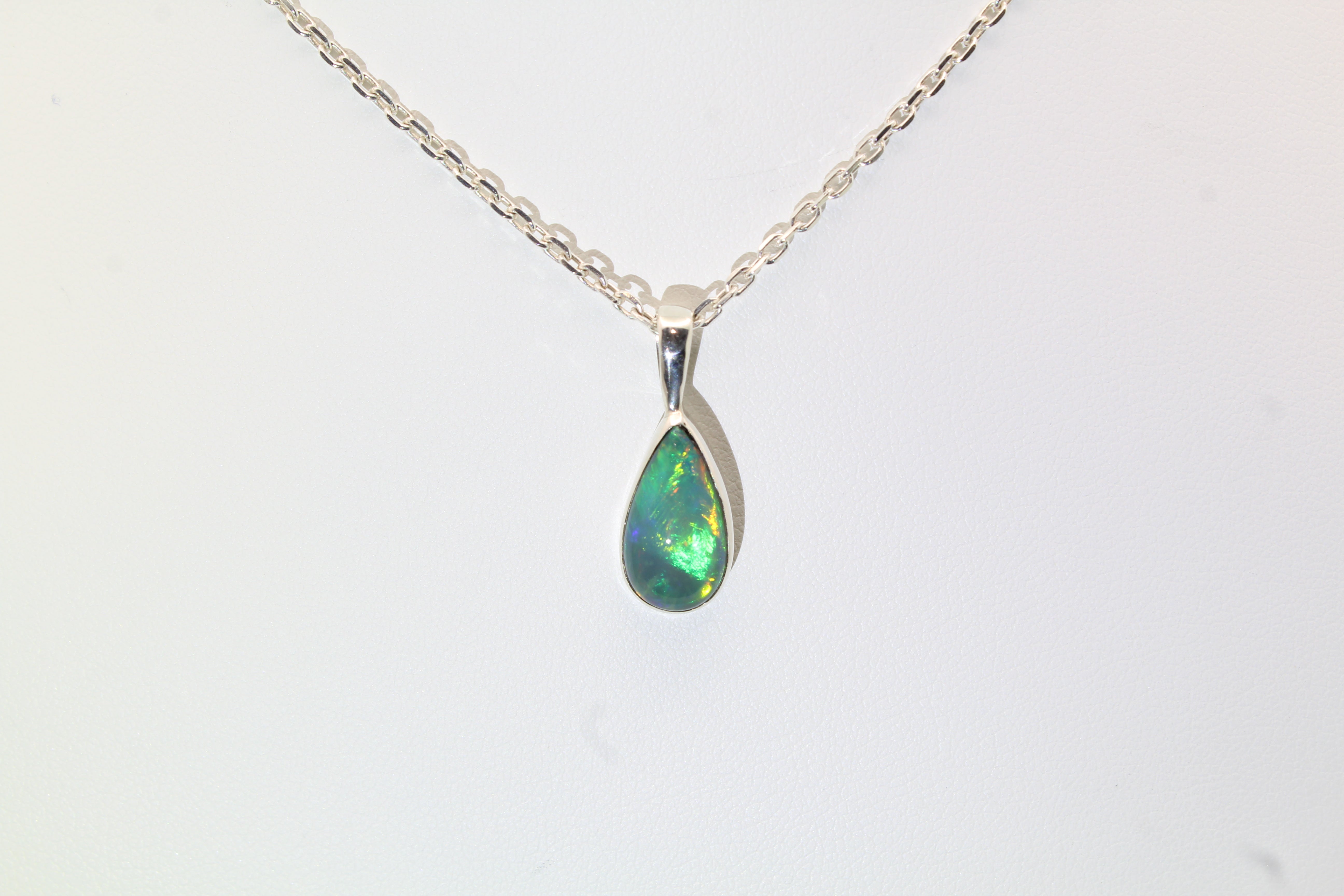 Elegant Teardrop Opal Pendant | Sterling Silver & Deep Green Flash