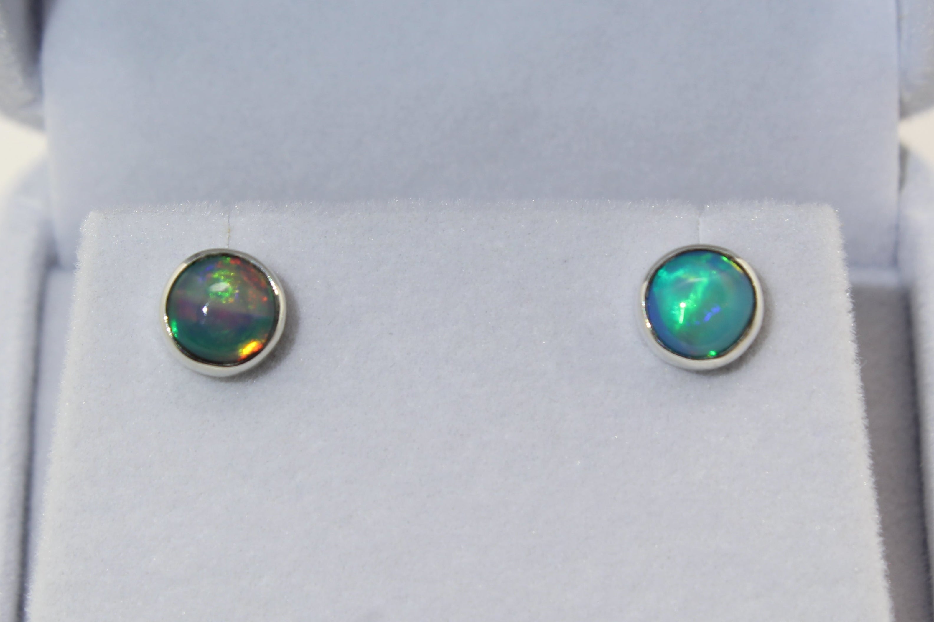 Pair of opal stud earrings in a jewelry box