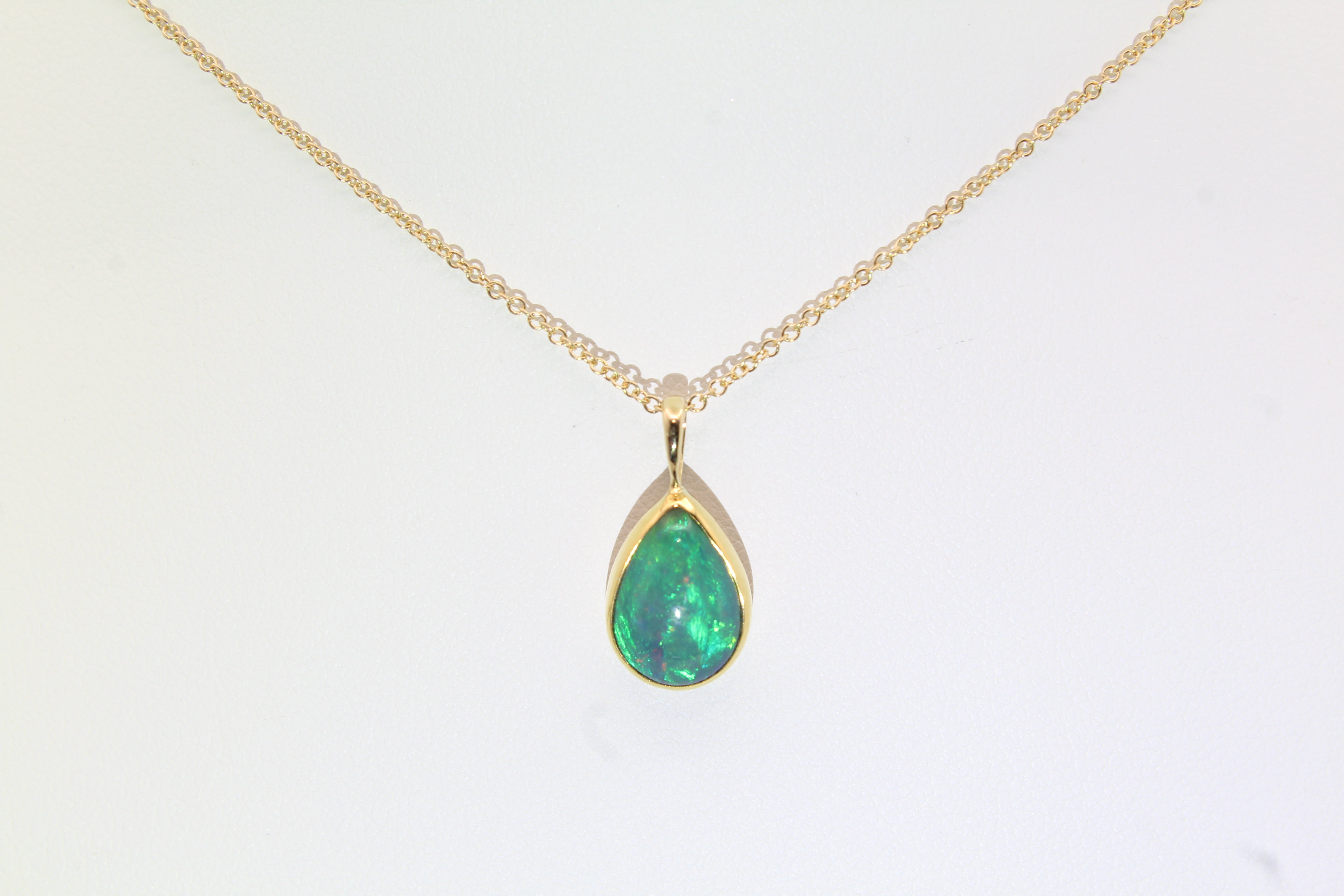 22K Bezel Opal Necklace | Intense Green Fire | 14K Gold Chain
