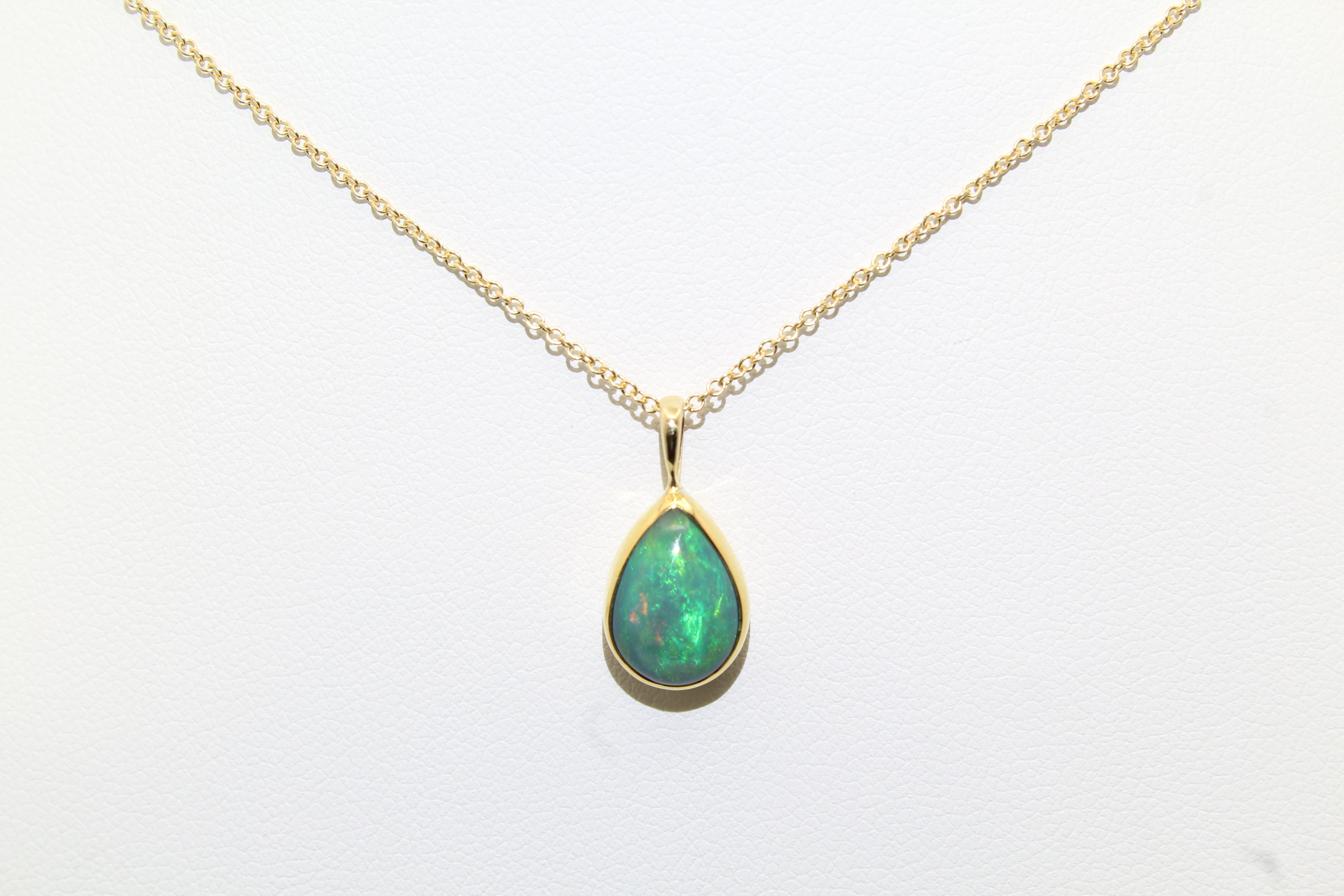 22K Bezel Opal Necklace | Intense Green Fire | 14K Gold Chain