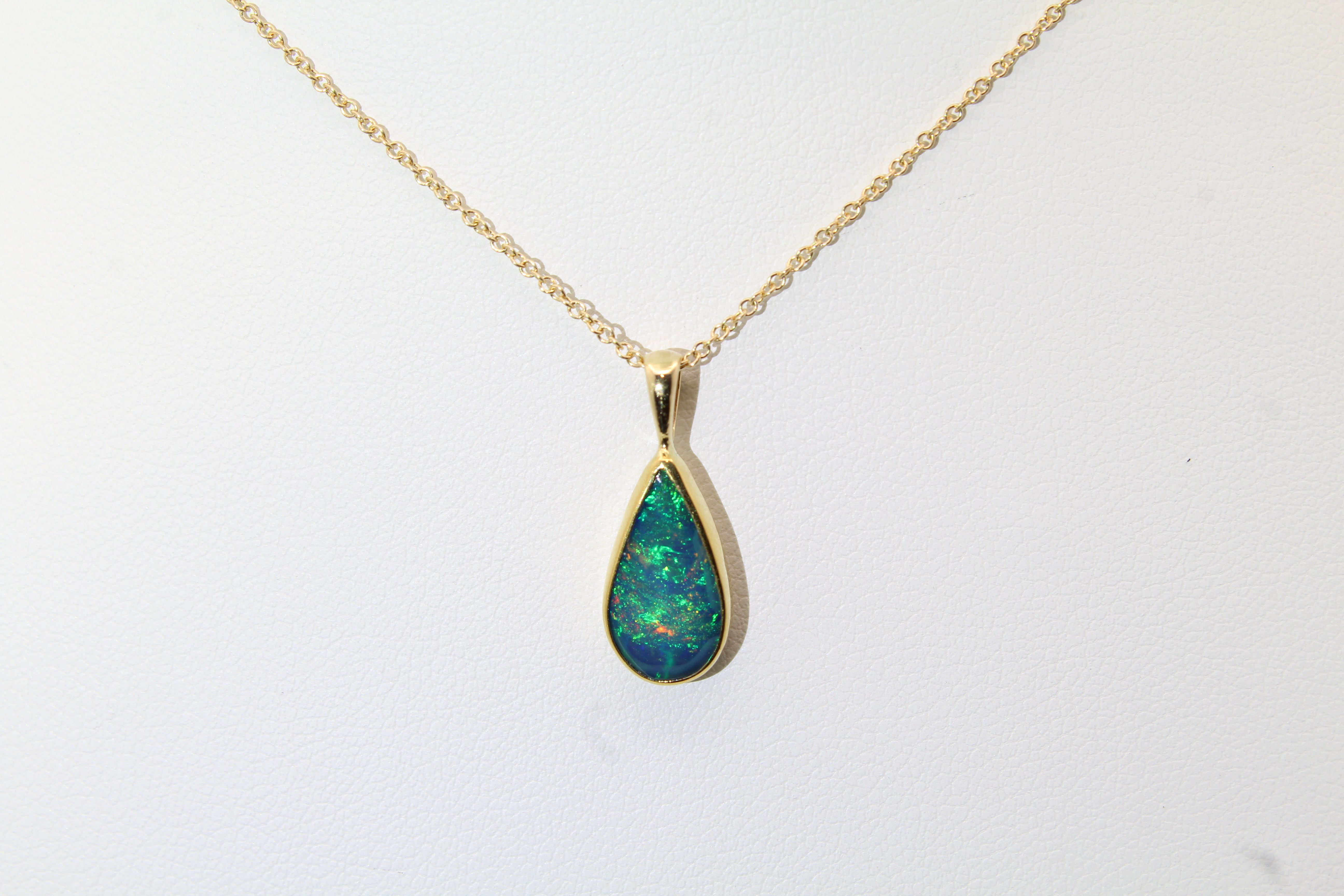 Teardrop Opal Dangle Necklace | Vibrant Green & Blue Fire | Solid Gold