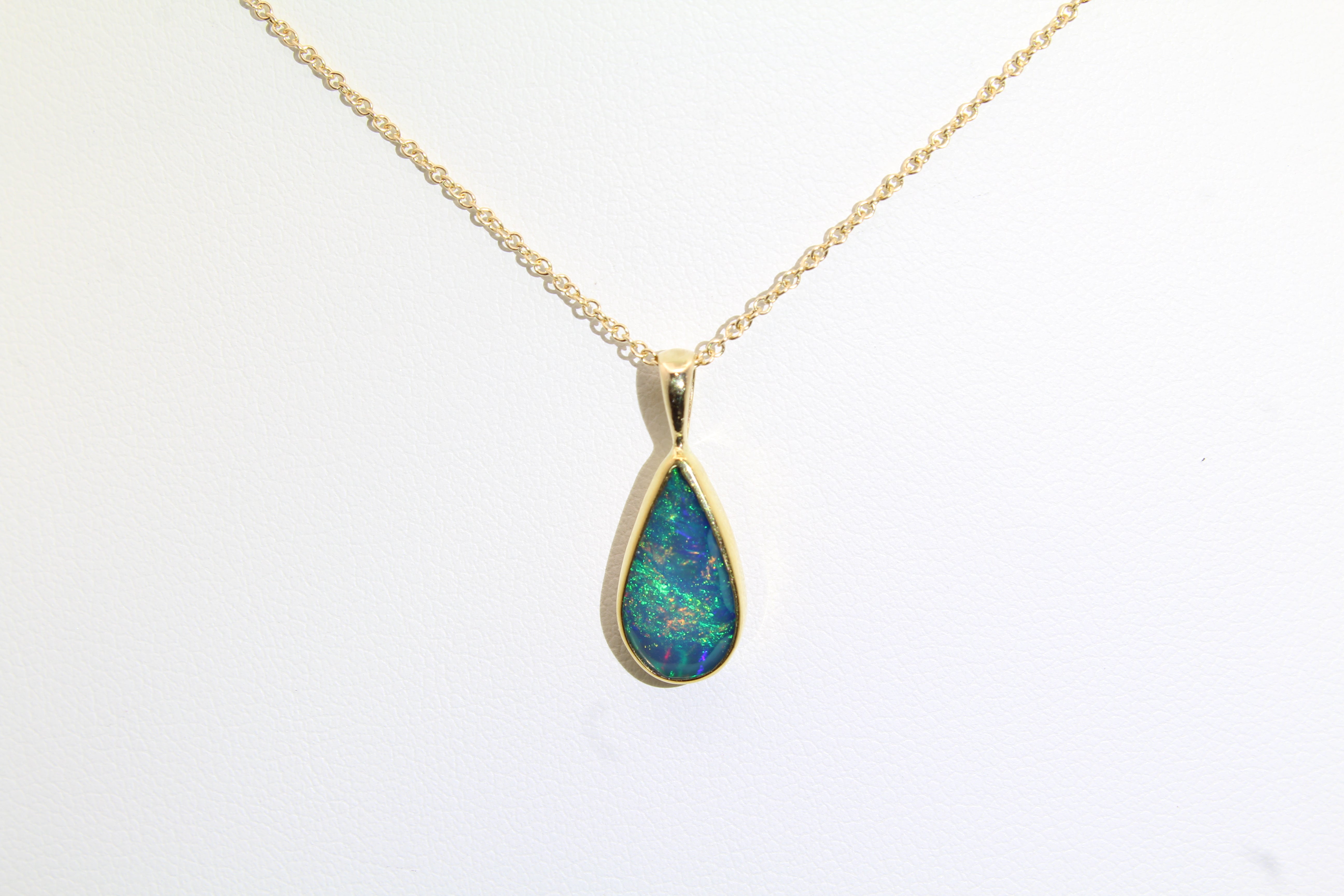 Teardrop Opal Dangle Necklace | Vibrant Green & Blue Fire | Solid Gold